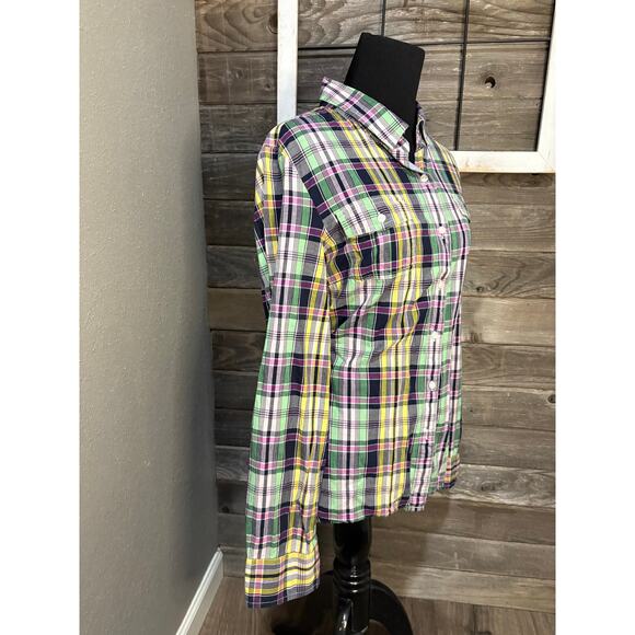 Tommy Hilfiger plaid button up long sleeve yellow teal pink blouse womens size L - Picture 3 of 8